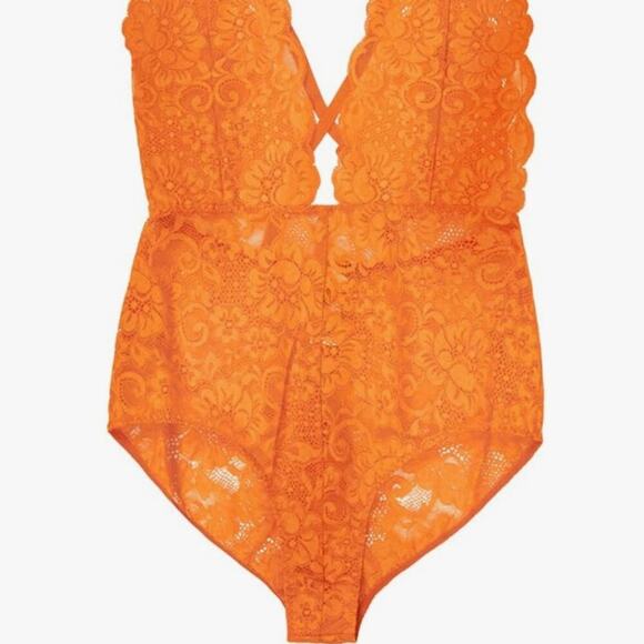 We are HAH 'Comin' in Haht' Orange Deep V Neck Lace Bodysuit NWT - Picture 8 of 11